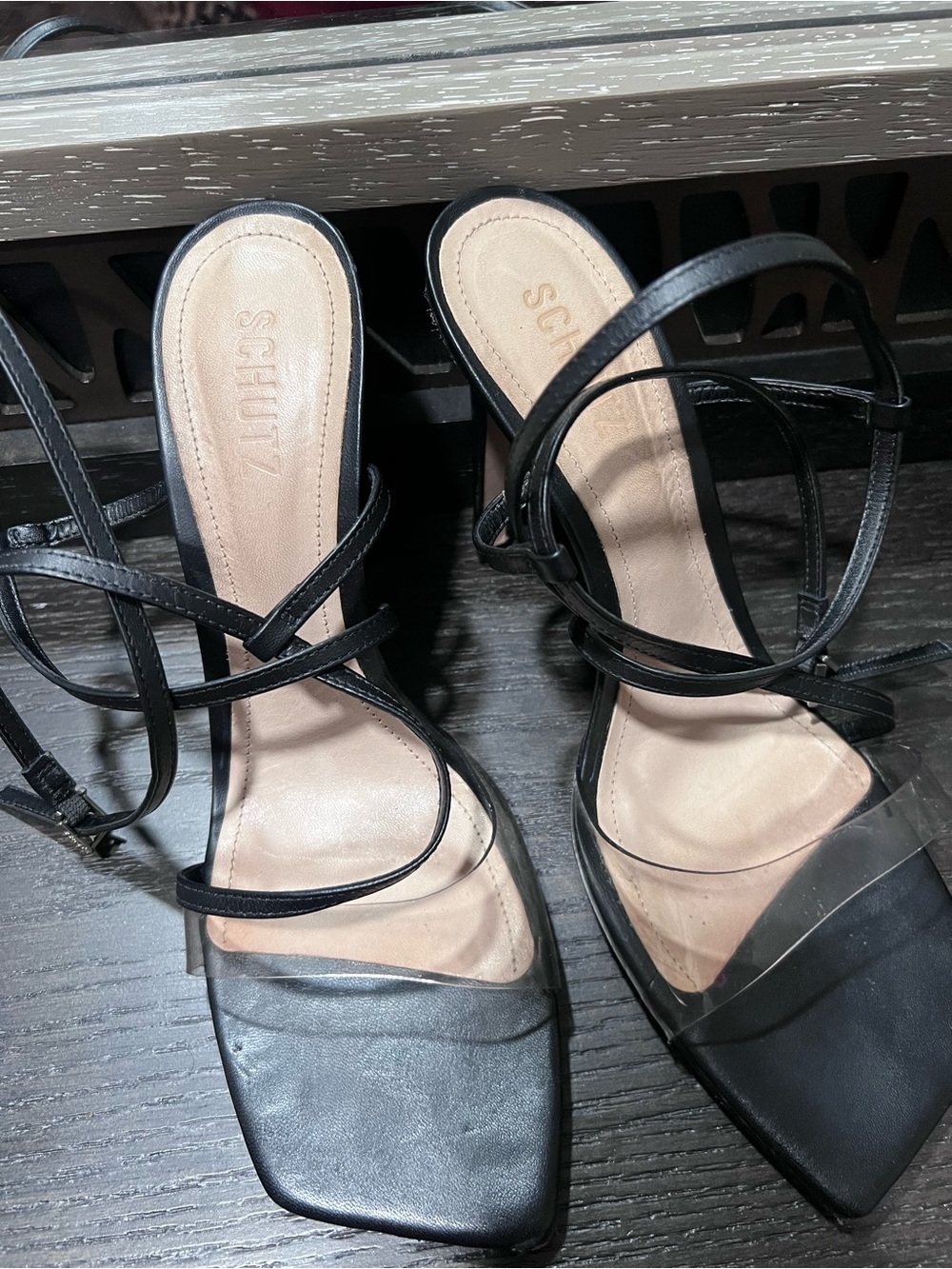 SCHUTZ Black Strappy Square-Toe Sandals with Clear Toe Accent